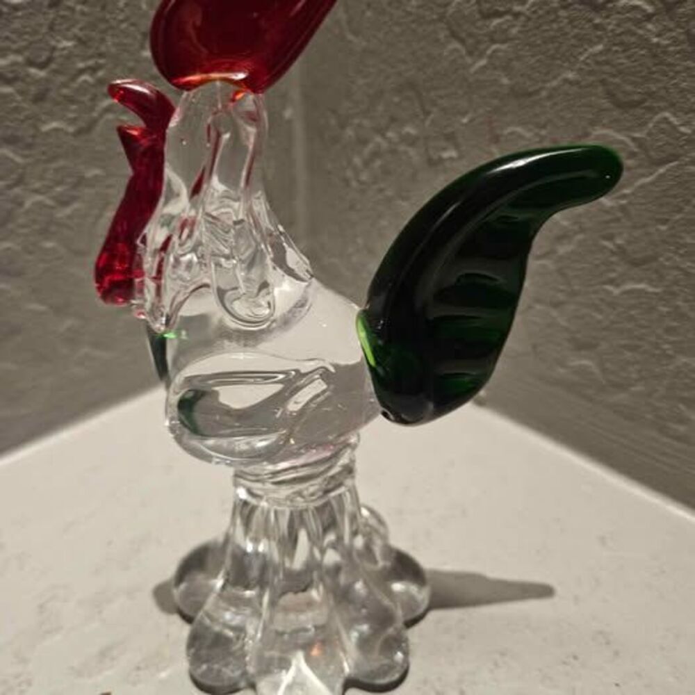 Vintage Hand Blown Glass Rooster Figurine - Red, Green, and Clear